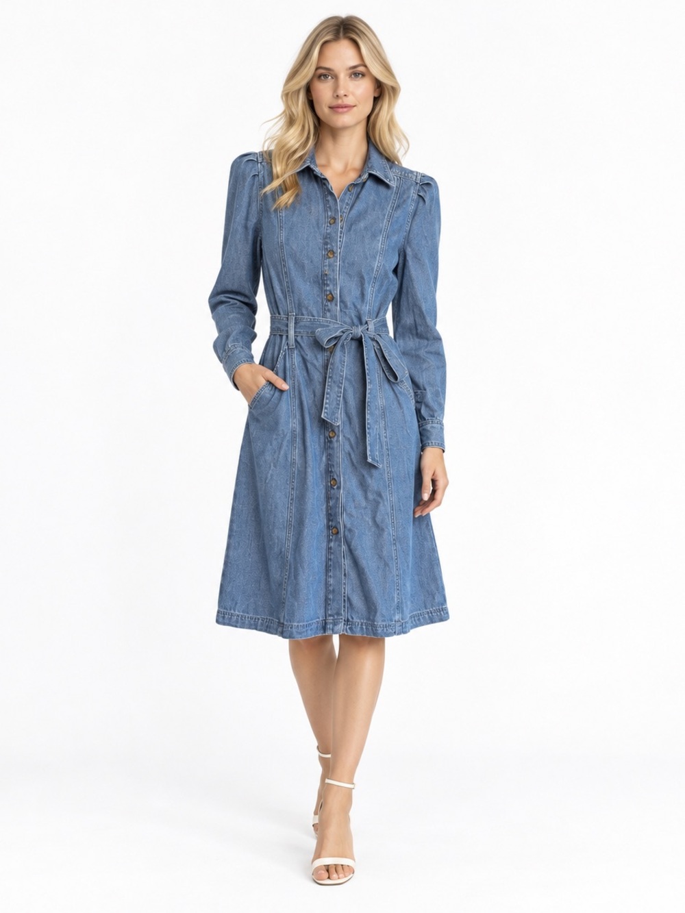 Boden Aubrey Denim Midi Shirt Dress Blue Belted Puff Sleeve US 6L